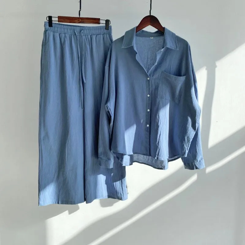 Loose Solid Color Cardigan Shirt Wide Leg Pants 2piece Set Of Retro Cotton Linen High Waist Long Outfit 241203