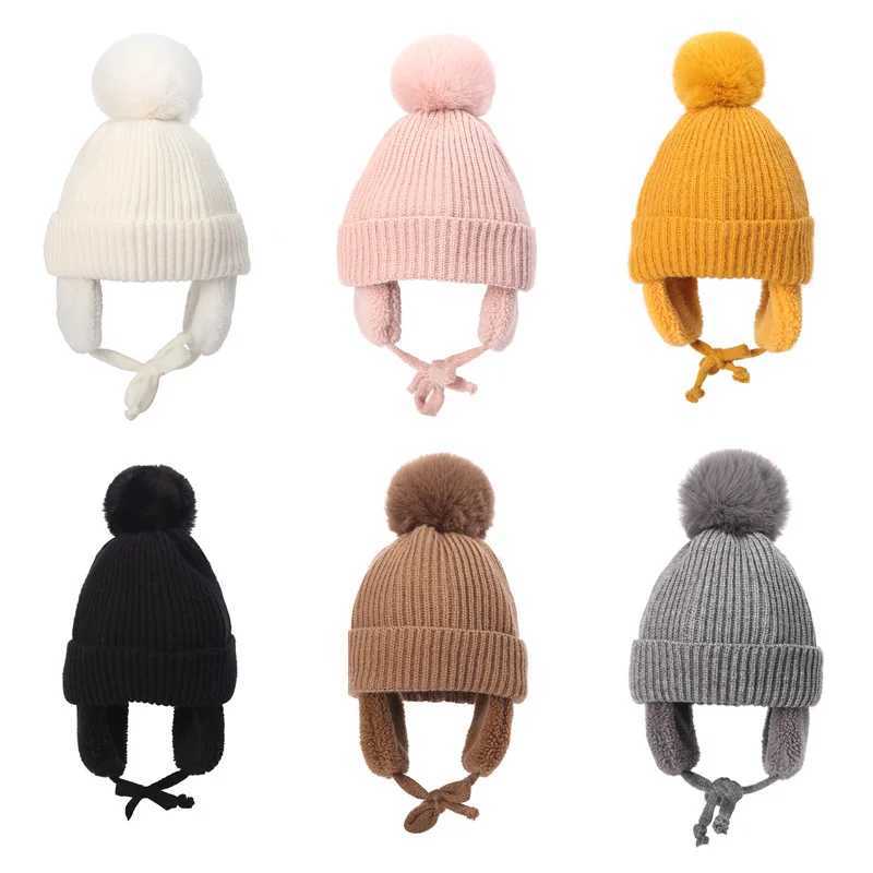 Winter baby hat with fluffy beans wool plush lining with ear cushions baby knitted hat suitable for girls boys and warm children accessories 2-6Y W241