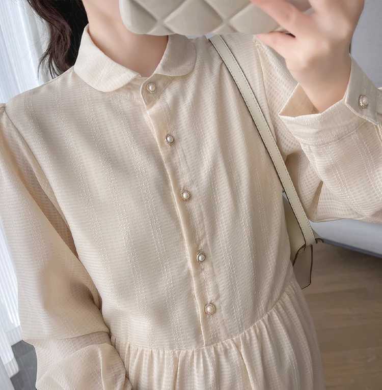 2024 Autumn Materni Brief Dress Solid Color Long Sleeve Turn-down Collar Plus Size Pregnant Woman Elegant Chiffon Dress BeigeXJ241213