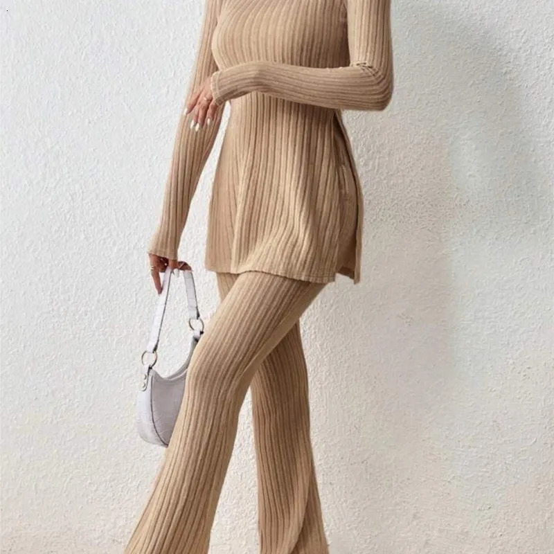 Autumn Winter Womens Clothing Style Solid Color Sexy Casual Long Sleeved Round Neck Slit Fashion Temperament Twopiece Set 241203