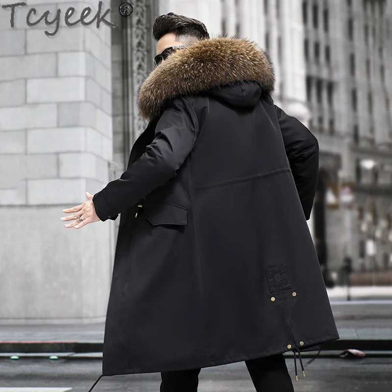 Tcyeek medium long fur leather jacket for mens warm and detachable fox fur lining Parka fashion winter mens clothing raccoon fur collar 2023 W241213