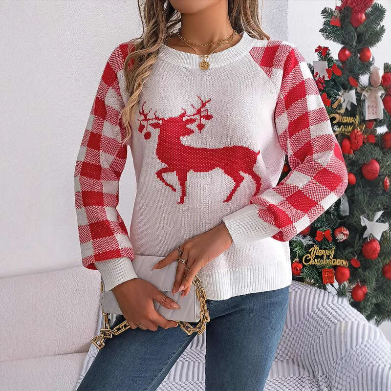 2024 Autumn/Winter New European and American Christmas Knitwear Women's Casual Checkered Elk Long Sleeve Hooded Sweater Women