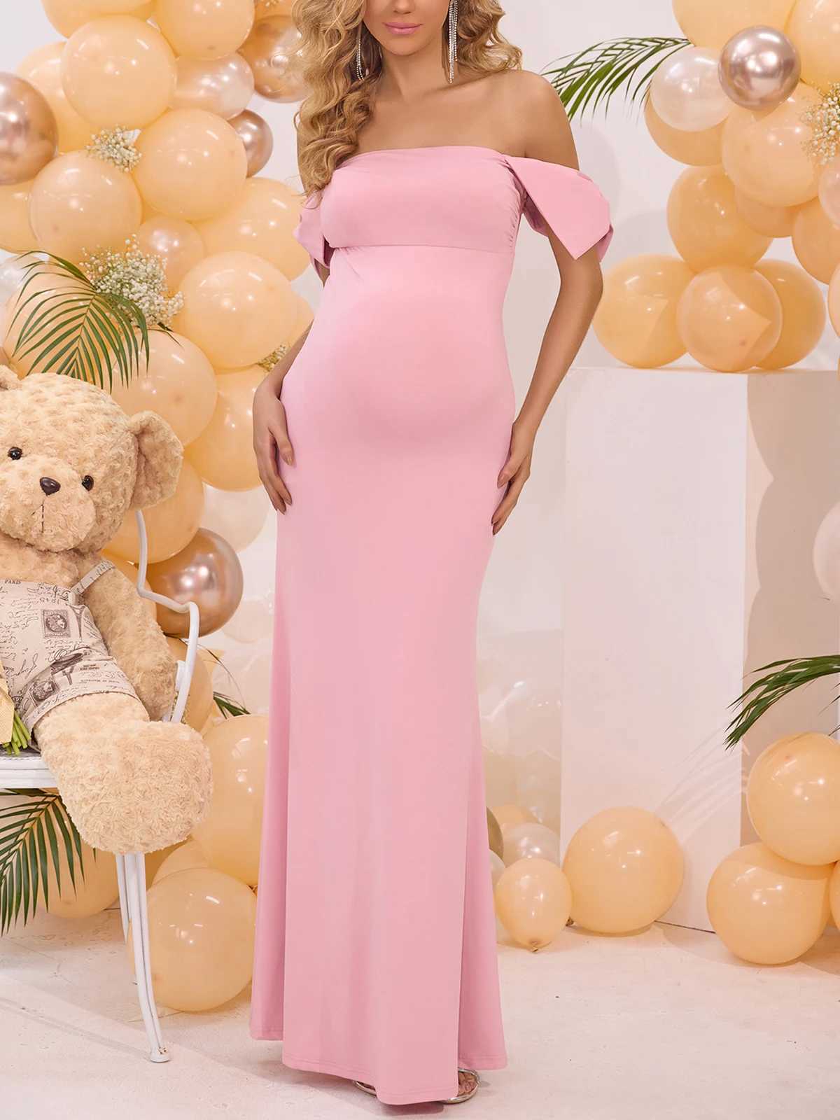 ItsRoya Solid Off Shoulder Slim Materni Dress With Bow Backless Par Pregnant Maxi Long Dress Elegant Photography Props DressXJ241213