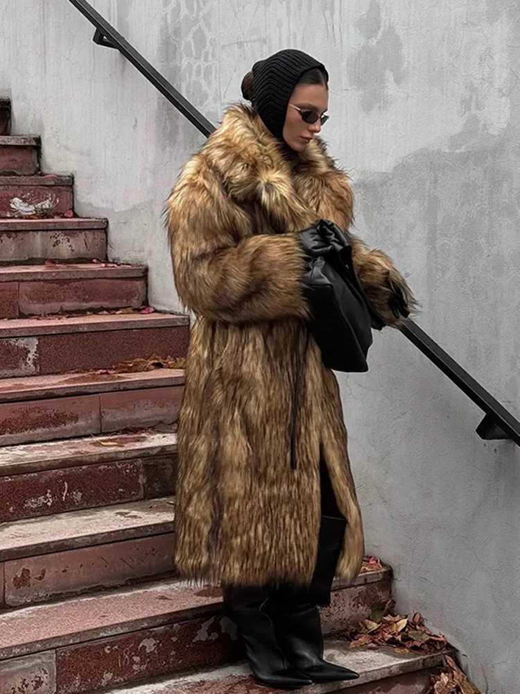 Retro Long Faux Fur Fashion Collar Thick Warm Fluffy Jacket Winter Womens T-shirt Coat X241214