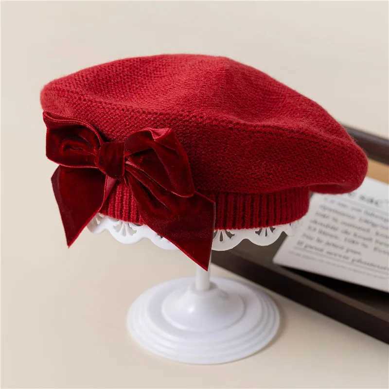 Autumn Winter Baby Girls Warm Bowknot Knitted Hats Children Beret Beanie Hat Solid Hat Soft Comfortable Kids Bonnet For 2-8Years W241213
