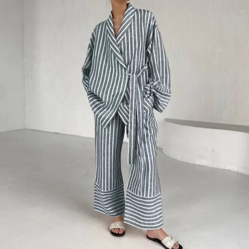 Autumn Casual Stripe Suits Elegant High Waist Wide Pants Set Fashion Lapel Long Sleeve Shirts Two Piece Set Women Outfit 241214