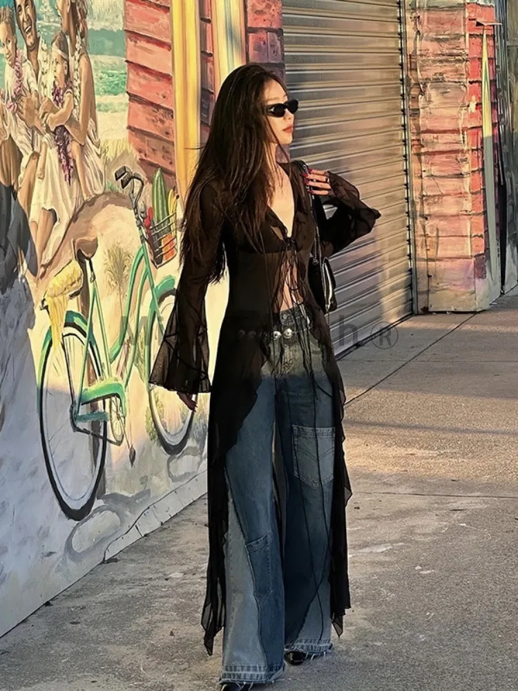 Vintage Y2k Black See Through Long Cardigan Women Sexy Grunge Vneck Streetwear Tops Summer Chic Aesthetic Bandage Slim Blouse 241214