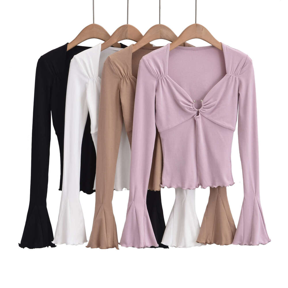 spicy girl sexy leak collarbone square neck metal ring hollow long sleeved T-shirt for women autumn trumpet sleeves slim fit base shirt 2024 temperame