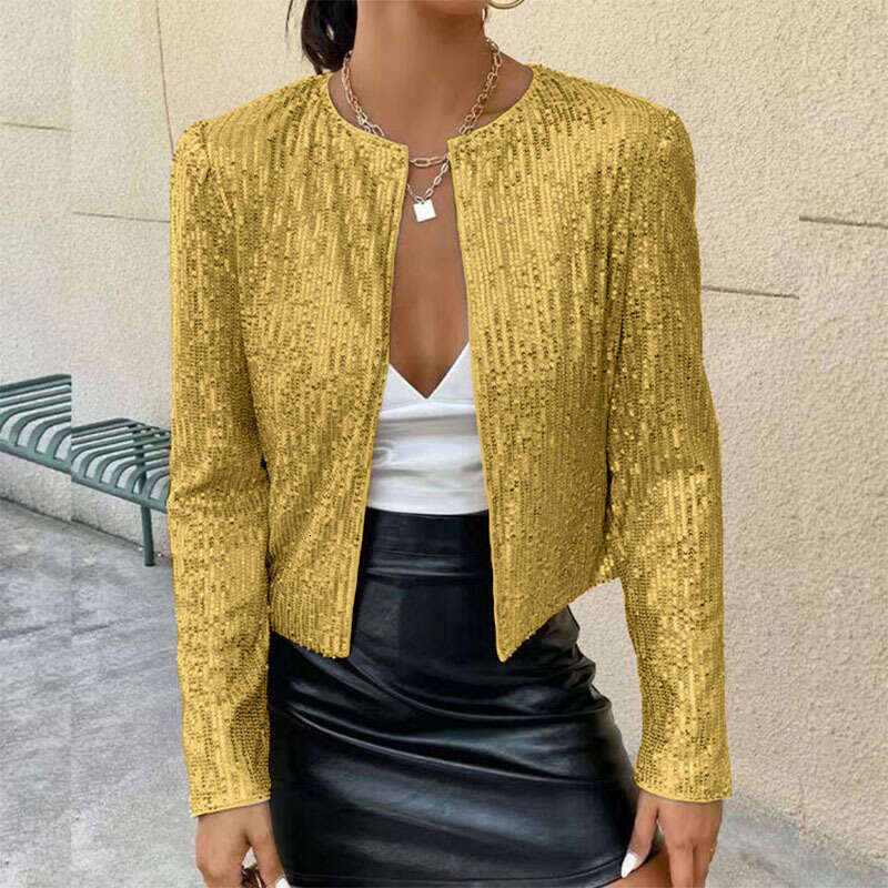 Cross Border Spring New European And American Women's Fashion Stand Up Collar Color Blocked Glitter Short Casual Versatile Small Coat