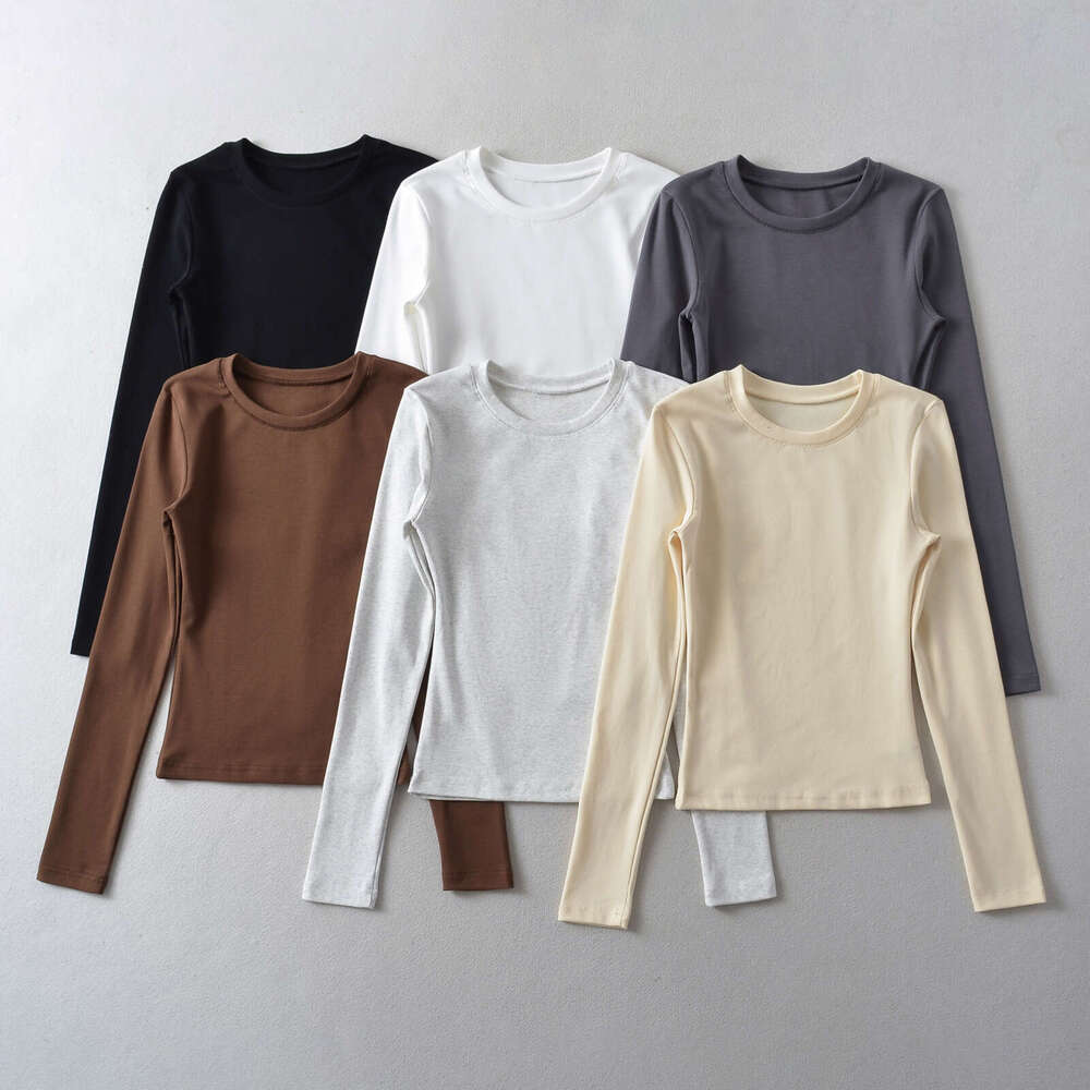 European American Kardashian's round neck elastic slim fit long sleeved T-shirt for women in autumn and winter, basic tight fitting base shirt, 2