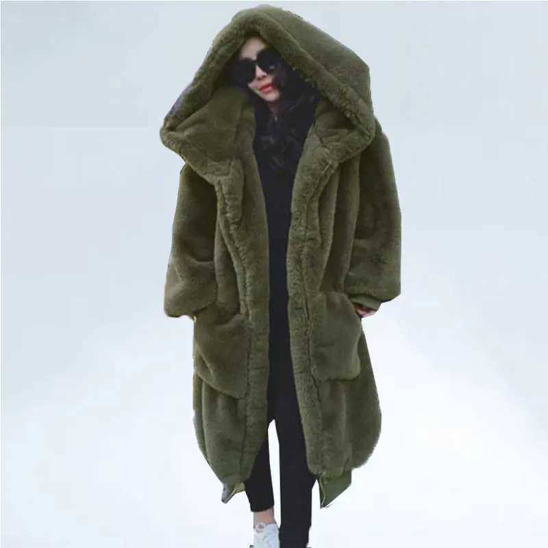 Extra large winter faux fur coat womens Parka long warm faux fur leather jacket hooded loose winter coat Casaco Feminino X241214