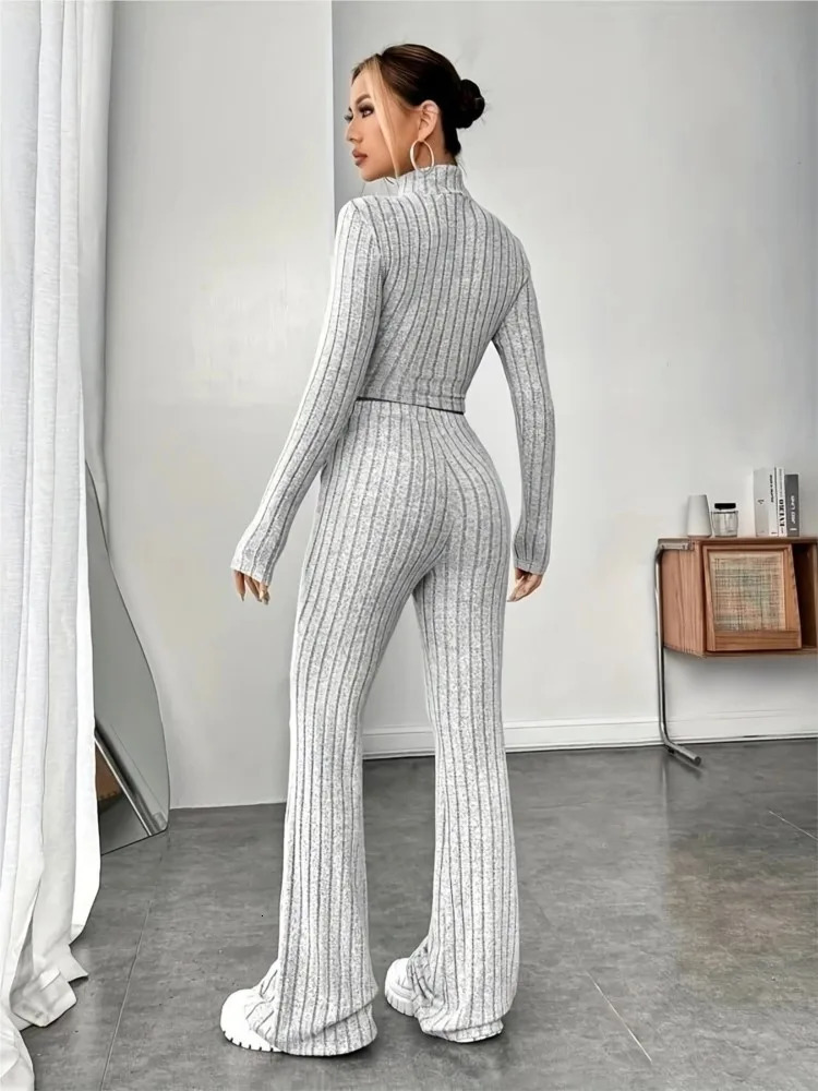 2024 Spring Womens Fashion Knitted Long Sleeve Waist Set Hoodie High Collar Loose Pants Two Piece 241203