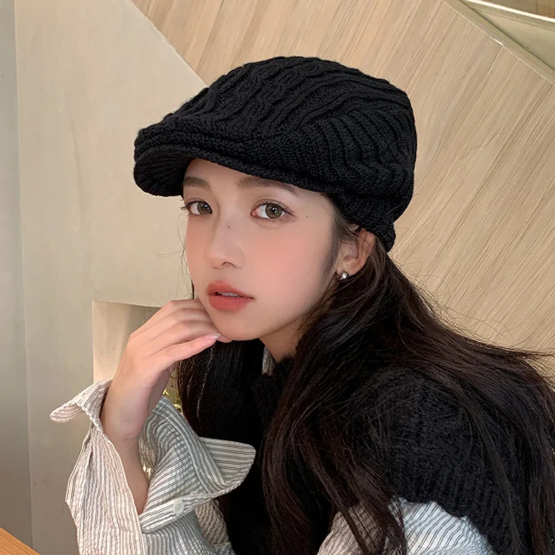 Short Tail Coat Autumn Knitted Linen British Retro Style Front Hat Womens Earmuffs Warm Plush Beret 241210