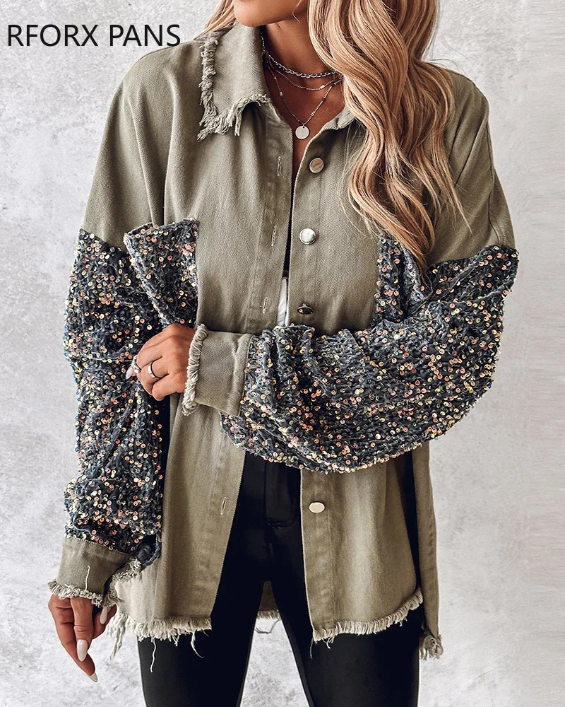 Womens denim jacket and Coats Contrast sequin original hem 241211