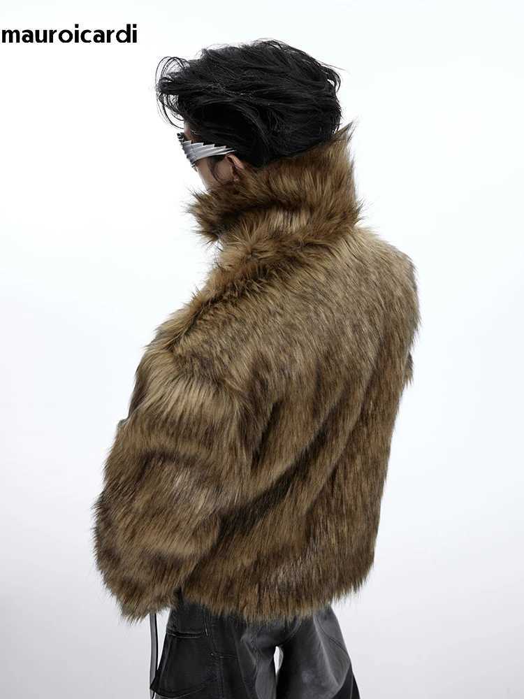 Mauroicardi winter short thick warm brown fur soft faux fur coat for men with a long sleeved fluffy jacket with a collar W241213