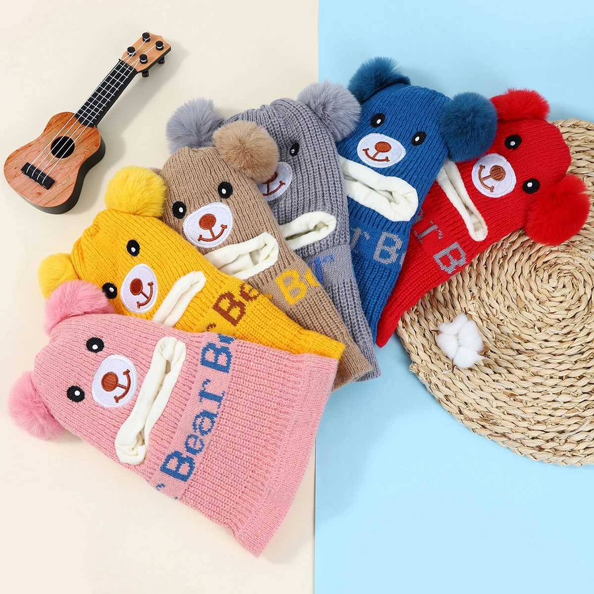 Bear winter baby hat scarf one-piece fluffy childrens knitted hat suitable for girls boys warm ear and neck childrens skiing hat W241213