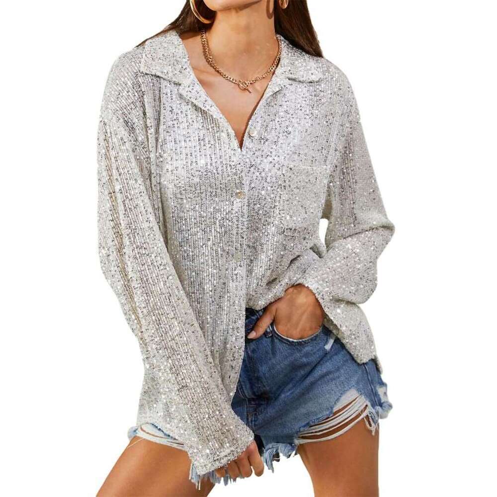 Autumn European And American Women's Clothing New Fashion Sequined Long Sleeved Lapel Casual Shirt With Temperament