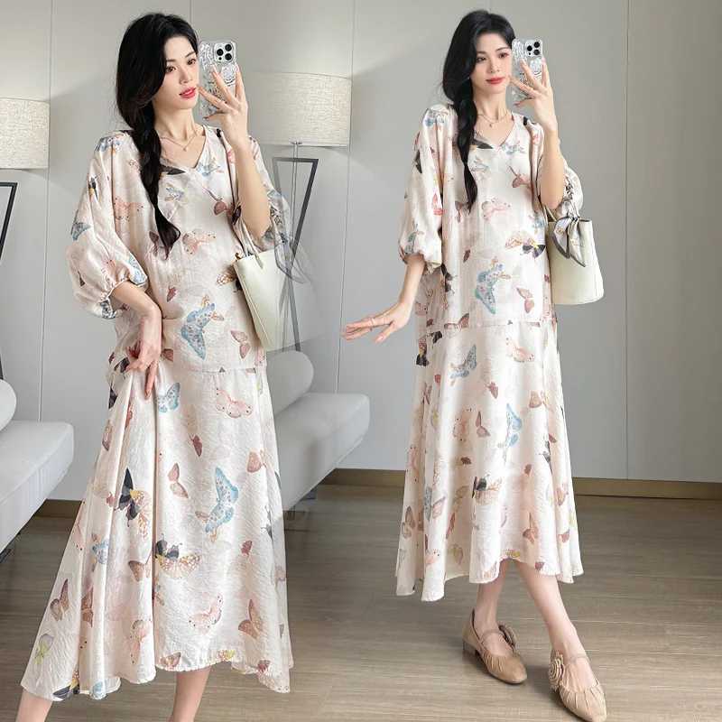 2025 Summer Materni Long Loose Dress Chinese Sle Lantern Sleeve Fashion Printing Pregnant Woman Beach Dress Holiday ClothesXJ241213