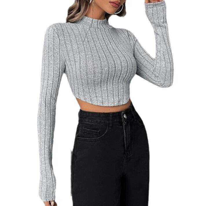 2023 autumn new product European and American short women's sexy color pit stripe exposed navel long sleeved base T