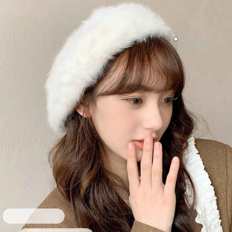 Winter Angora Rabbit Fur Berets for Woman Solid Color Beret Comfortable Plush Korean Berets Girls Shopping Caps Boina 241214