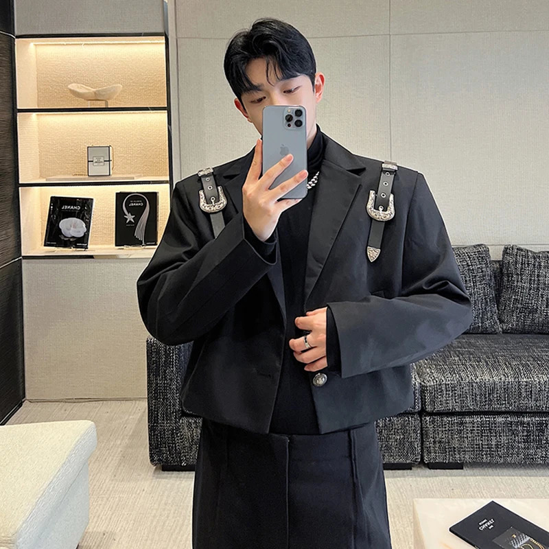 IEFB Elgance Mens Suit Coat Metal Buckle Leather Strap Niche n Short Korean Style Blazers Fashion Autumn Tops 9C2135 241211