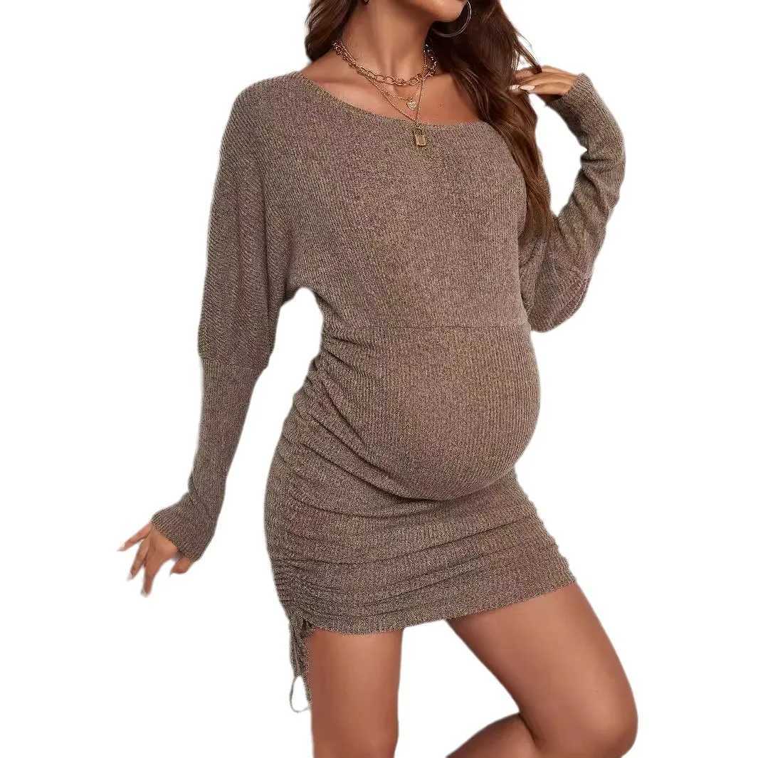 Europe America Autumn Winter Pregnant Womens Dresses Long Sleeve Slim Waist Hip Wrapped Side Drstring Youth Pregnancy DressXJ241213