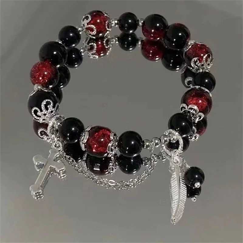 Chinese Style Red Crystal Feather Cross Pendant Bracelet For Girls Women Vintage Elastic Beaded Chain Bracelet Jewelry GiftsXJ241214