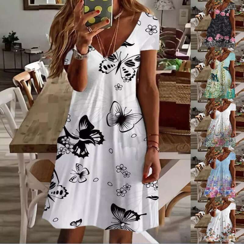 European and American women's urban digital printed dress 2024 new casual versatile fashion clothing