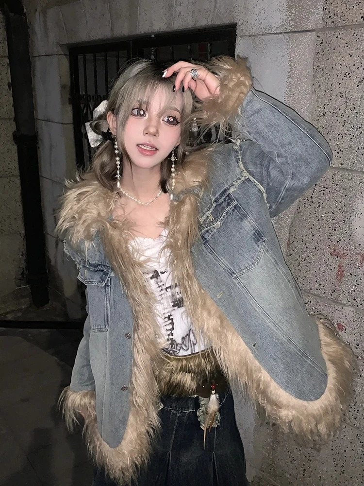Y2k Aesthetics blue denim pocket jacket retro Grunge fur patch work jacket Harajuku winter single chest streetwear jacket 241210