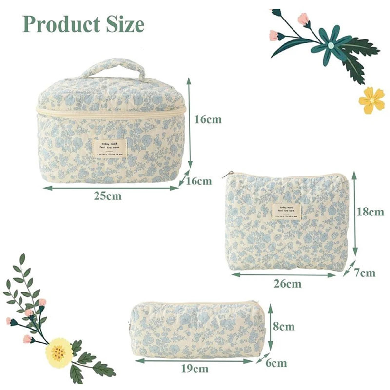 3PCS Fashion Vintage Flower Women Makeup Bag Cotton Tote Female Cosmetic Storage Handbag Large Capacity Travel Organizer 241212