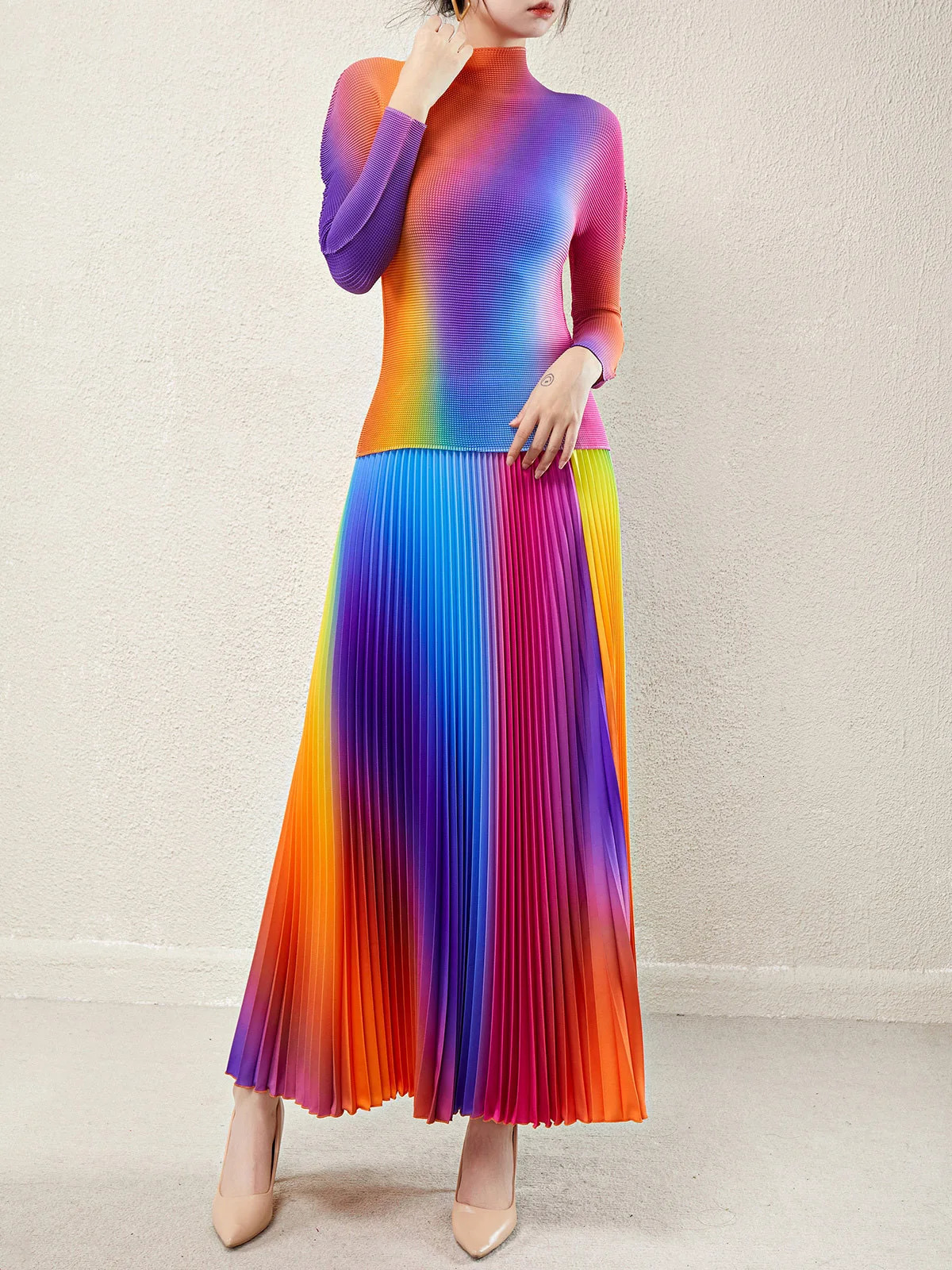 Gradient Color Jacquard Striped Pleated 2 Pieces Set Womens Long Sleeve Stretch T-Shirt Top Elastic Waist Miyake Skirt Suit 241213