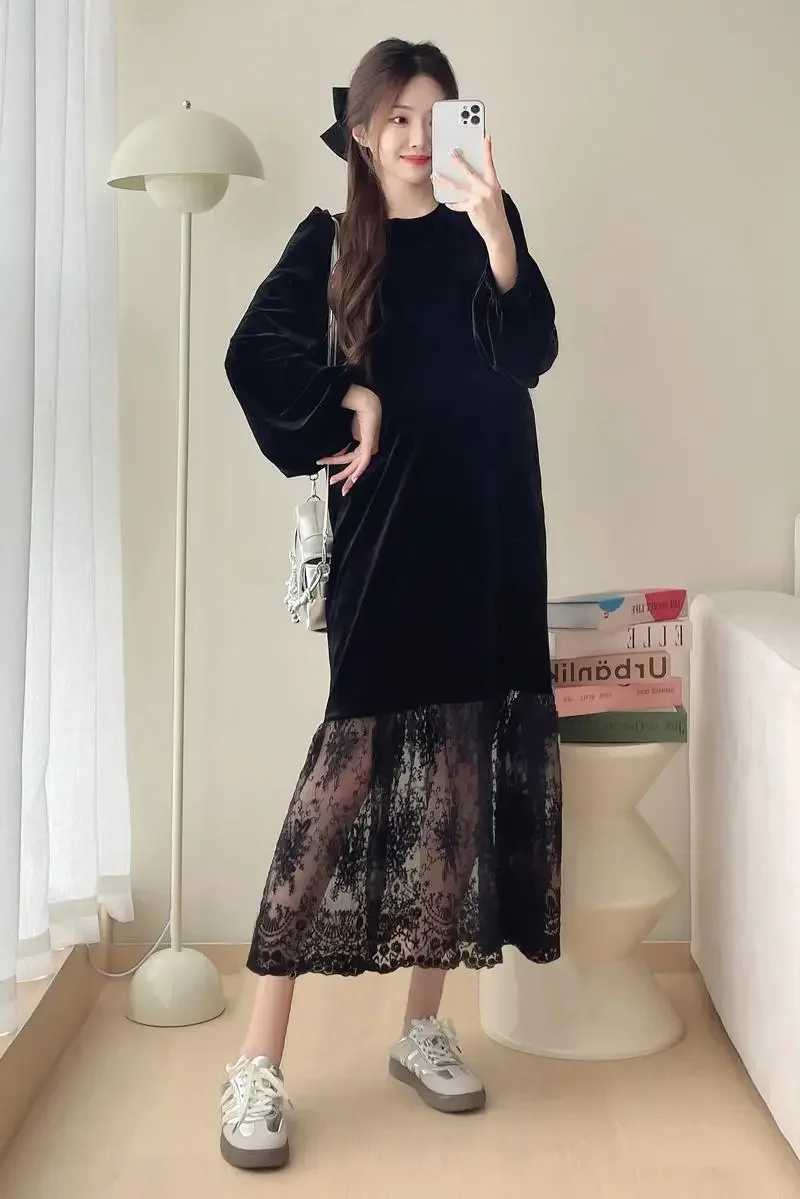 2025 Korean Sle Materni Par Dress Plus Size Long Sleeve O-neck Lace Patchwork Velour Dress Pregnant Woman Fishtail DressesXJ241213