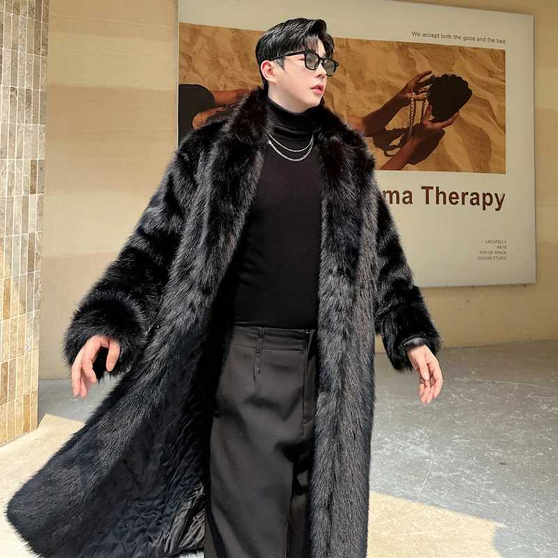 PFHQ Mens Faux Fur Overcoats Korean Style Turn-down Collar Solid Color Breasted Casual Male Thick Loose Male Windbreaker 9C8840 W241213