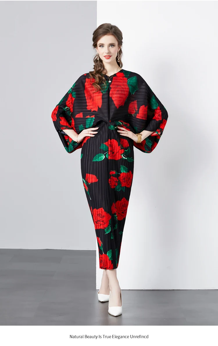 Autumn Fashion Print Pleated Maxi Dresses Women's V Neck Batwing Sleeve Irregular High Stretch Loose Long Vestidos 2025