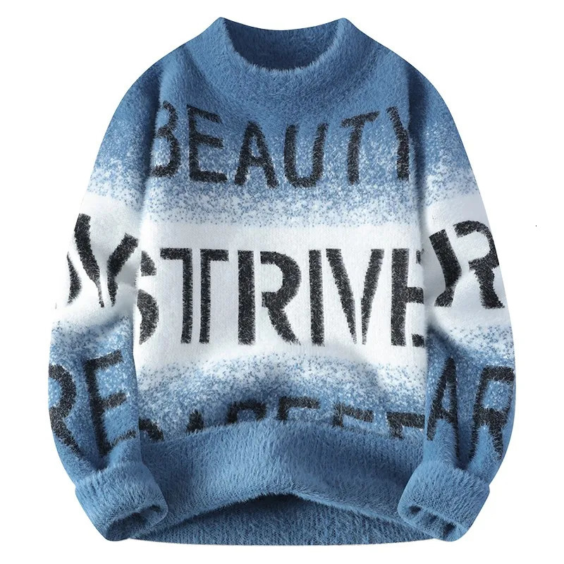 Gradient Color Blocked Letter Printed Sweater American Trend Mens Tops Classic Autumn Knitted Pullover Fashionable Slim Fit 241213