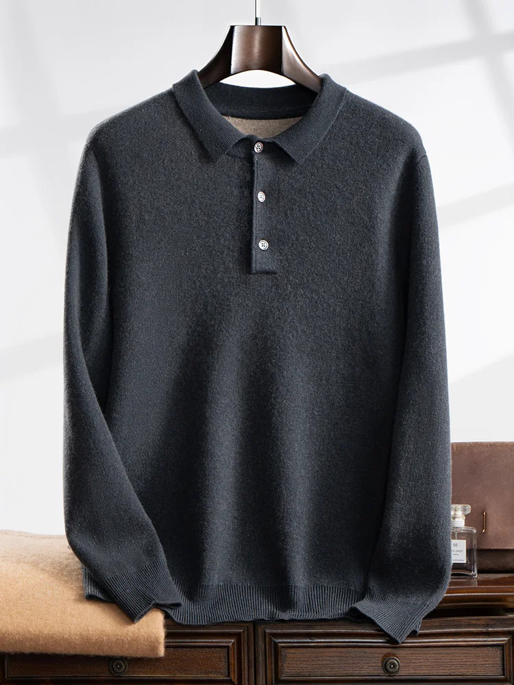 High Quality Men Thick 100% Cashmere Sweater Polo Pullover Autumn Winter Knitwear Long Sleeve Smart Casual Clothing Top 241209