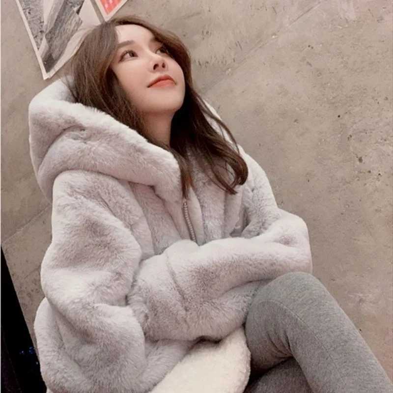Winter Warm Elegant Thick Artificial Fur Coat Womens Loose Casual Belt Black Womens Jacket Korean Fashion Grey Toothed Coat New Cute X241214