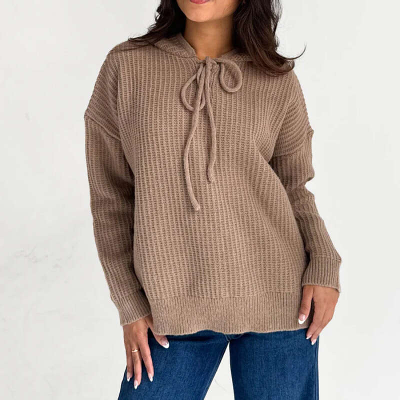 European American autumn and winter new knitwear women's pullover tie long sleeved hooded sweater top for women