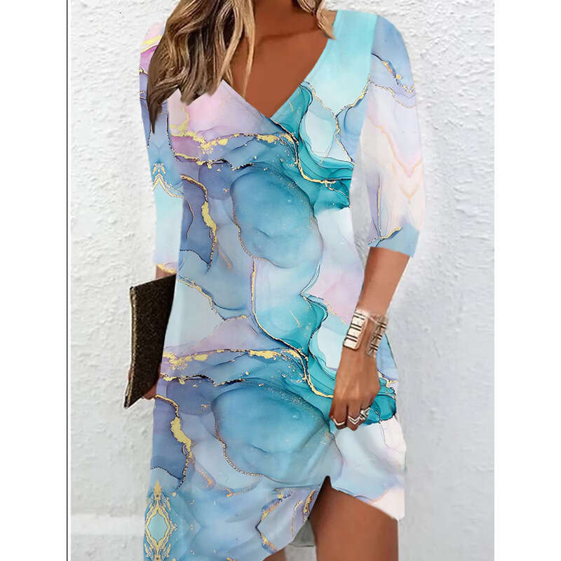 Autumn Printed Mid Sleeve V-neck Medium Length Dress for Women 2024 Versatile New Trendy Clothing Ins