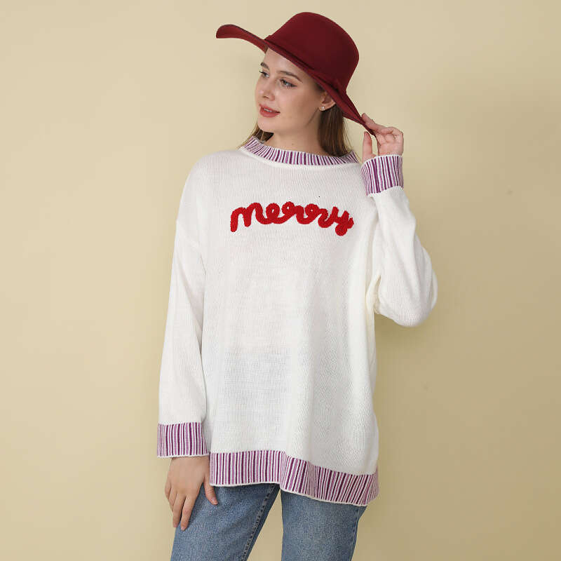 European and American Christmas New Knitted Women's Loose Long Sleeve Letter Embroidered Sweet Beauty Style Sweater
