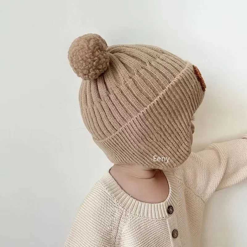 Winter Baby Bunny Hat Bear Ear Protective Knitted Hat Cute Korean Warm Childrens Hook Knitted Hat Gorros for Preschool Boys and Girls W241213