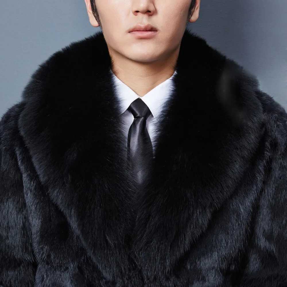Real mens genunie natural rabbit fur coat big fox fur collar mens fashion long jacket warm winter customization in any size W241213