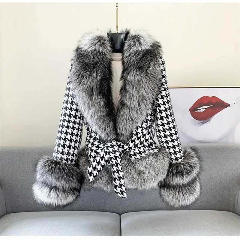 2022 Autumn Winter Womens New Hound Big Fur Collar Imitation Fur Coat Womens Warm Short Slim fit Fur Leather Jacket X241214