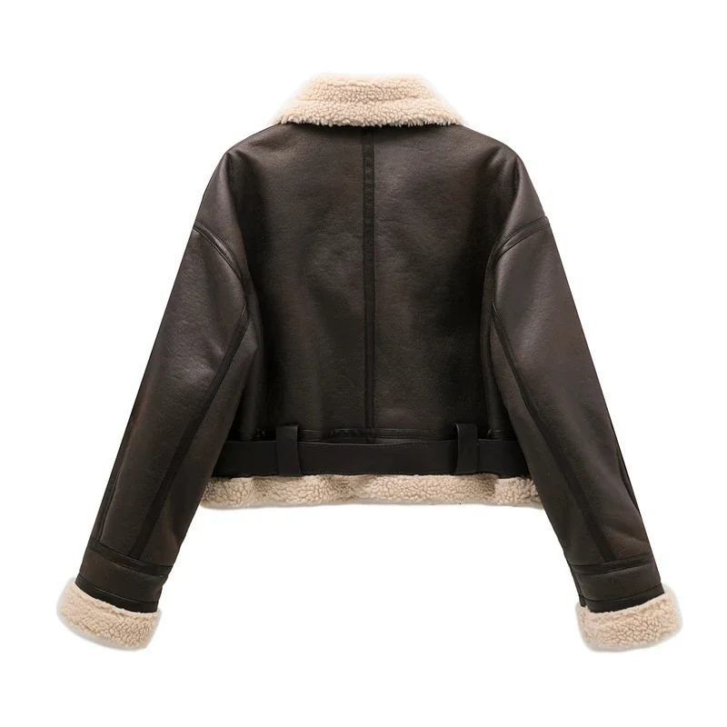 RZRA Womens Autumn/Winter Fur Single Piece Double sided Short Wool Jacket with Belt Zipper Pocket 241210