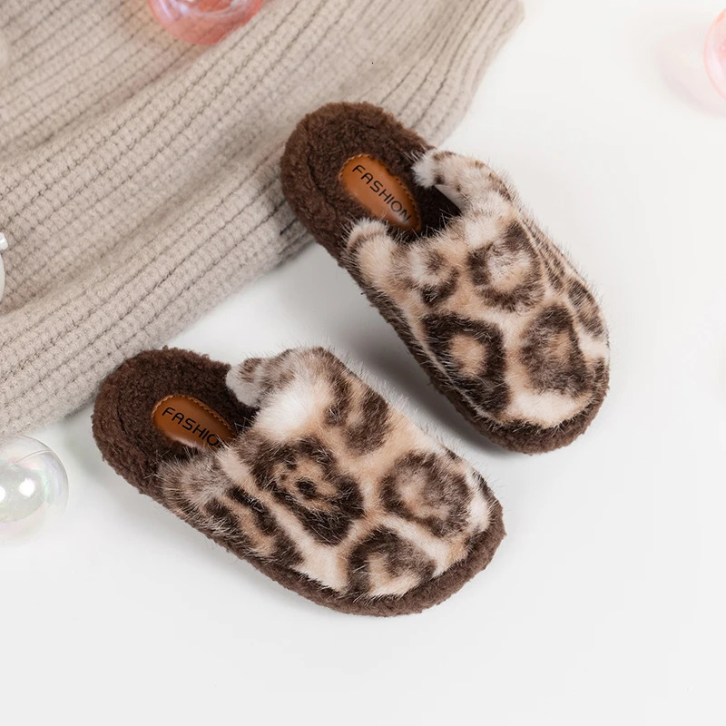 Winter Children Slippers Leopard Home Leisure Cover Toe Kids Sliders Warm Beige Apricot Slip-on Fashion Boys Girls Shoes 26-36 241213
