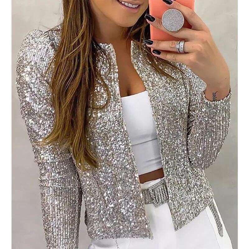 Spring New European And American Women's Fashion Stand Up Collar Color Blocked Glitter Short Casual Versatile Small Coat