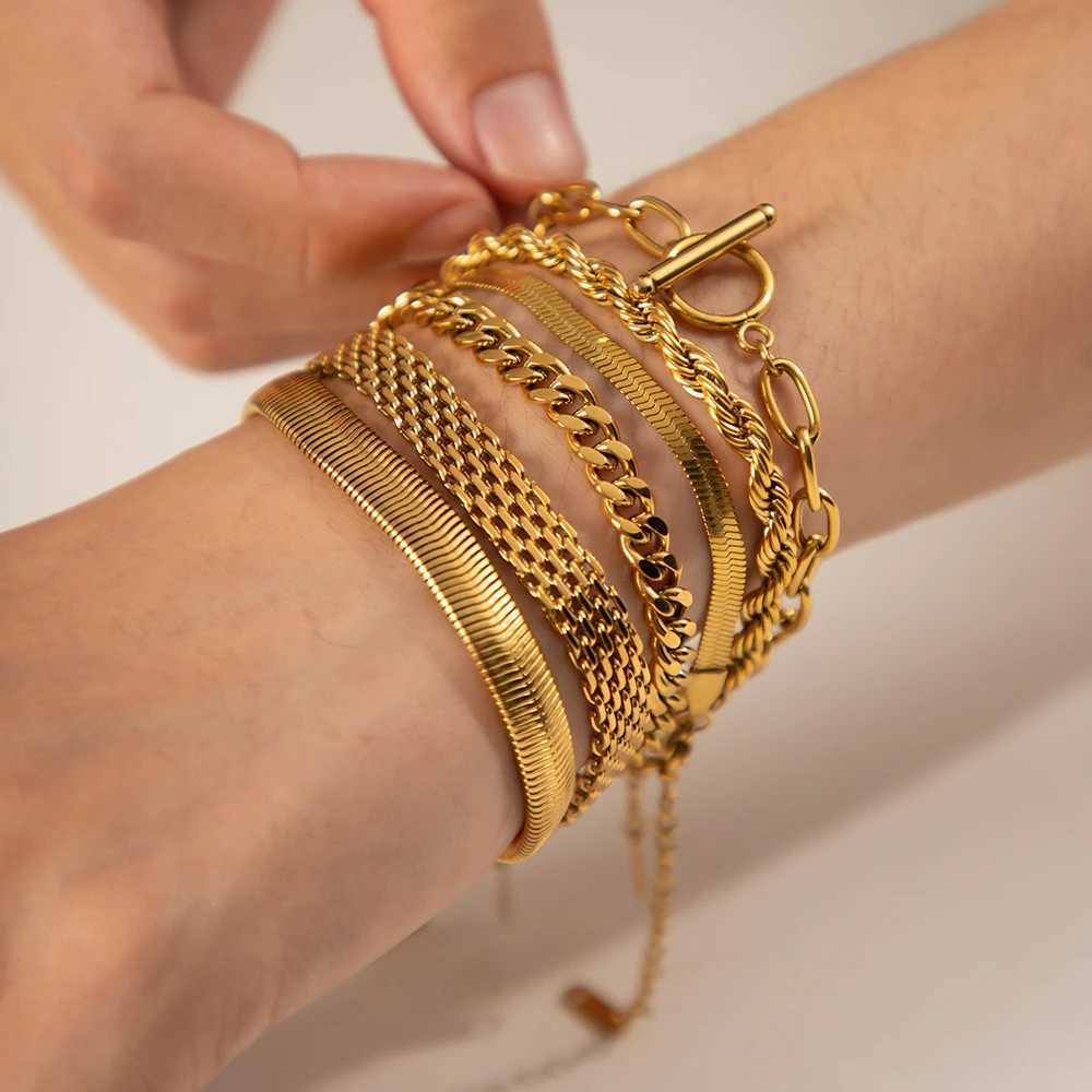 Uworld Fashion Link Chain Stainl Steel Bangle Bracelet for Women Exquisite Golden Metal Texture Jewelry Girl Beach Gift ManXJ241214