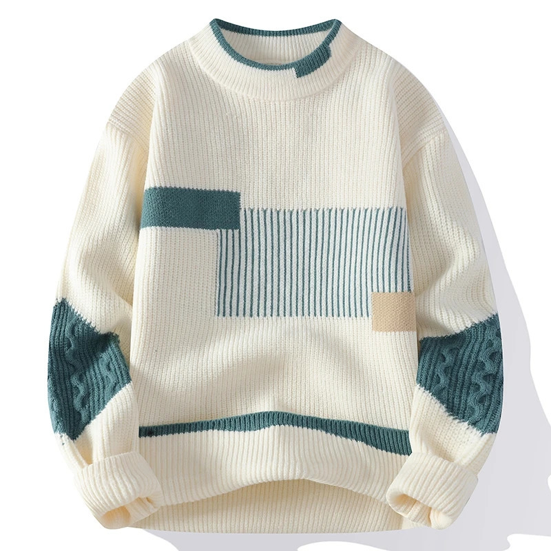 Mens Mock Neck Knitted Sweater Fashion Patchwork Knitting Pullovers Men Autumn Winter Daily Casual Warm Pullover Sweaters Man 241213