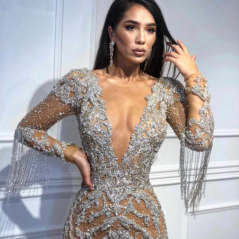 Womens Deep v Hollow Long Sleeved Sprinkled Gold Long Dress