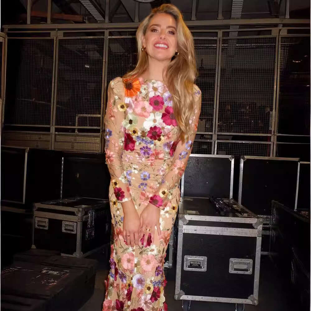 European American Spring And Summer Round Neck Colorful Three-Dimensional Wer Embroidery Mesh Slim Fit Hip Hing Fish Tail Dress Long Skirt